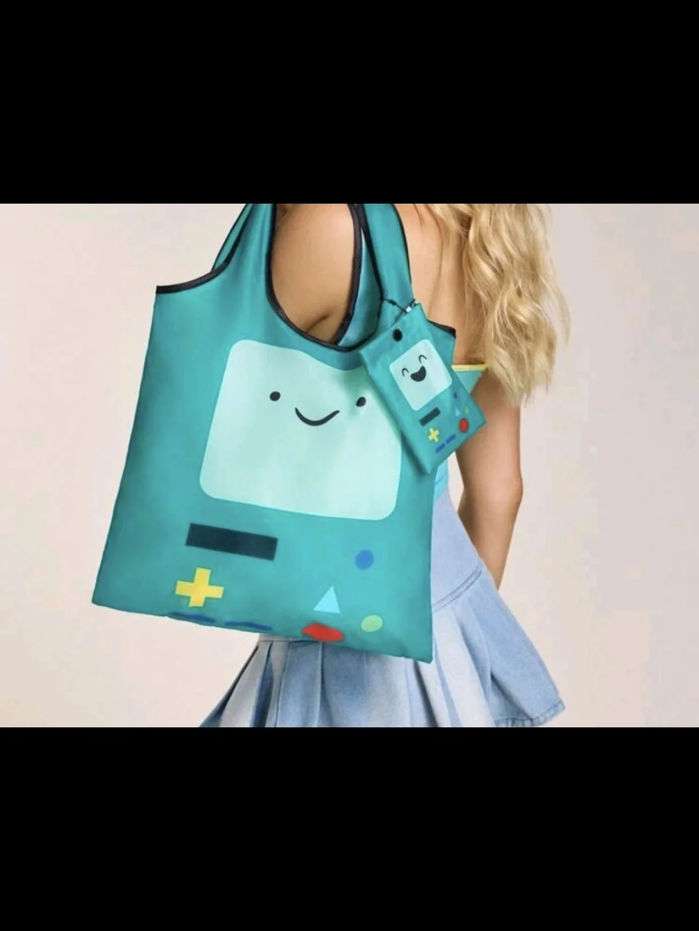 Adventure Time BMO Tote Bag Teal Game Character Tote Bag - Playful Smile Design